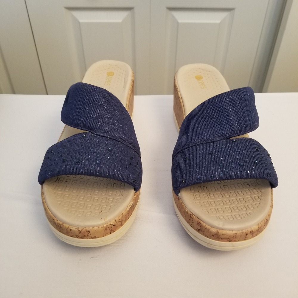Bzees Womens Navy Blue Rhinestone Stretch Fabric Platform Wedge Sandals 8.5W